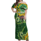 Australia Darts Personalised Off Shoulder Maxi Dress Aboriginal Dot Art Boomerang Indigenous Style Graphic