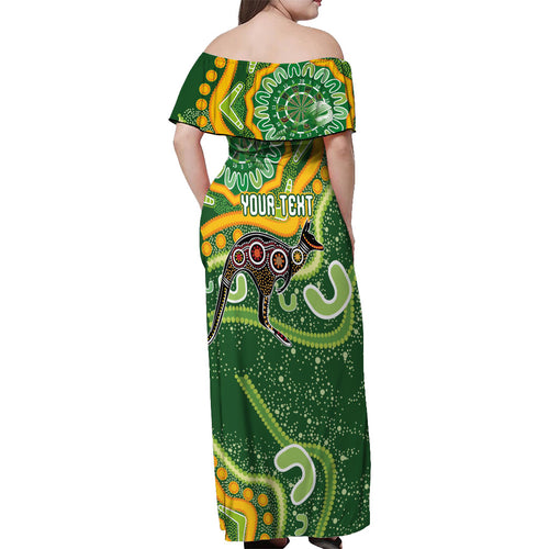 Australia Darts Personalised Off Shoulder Maxi Dress Aboriginal Dot Art Boomerang Indigenous Style Graphic
