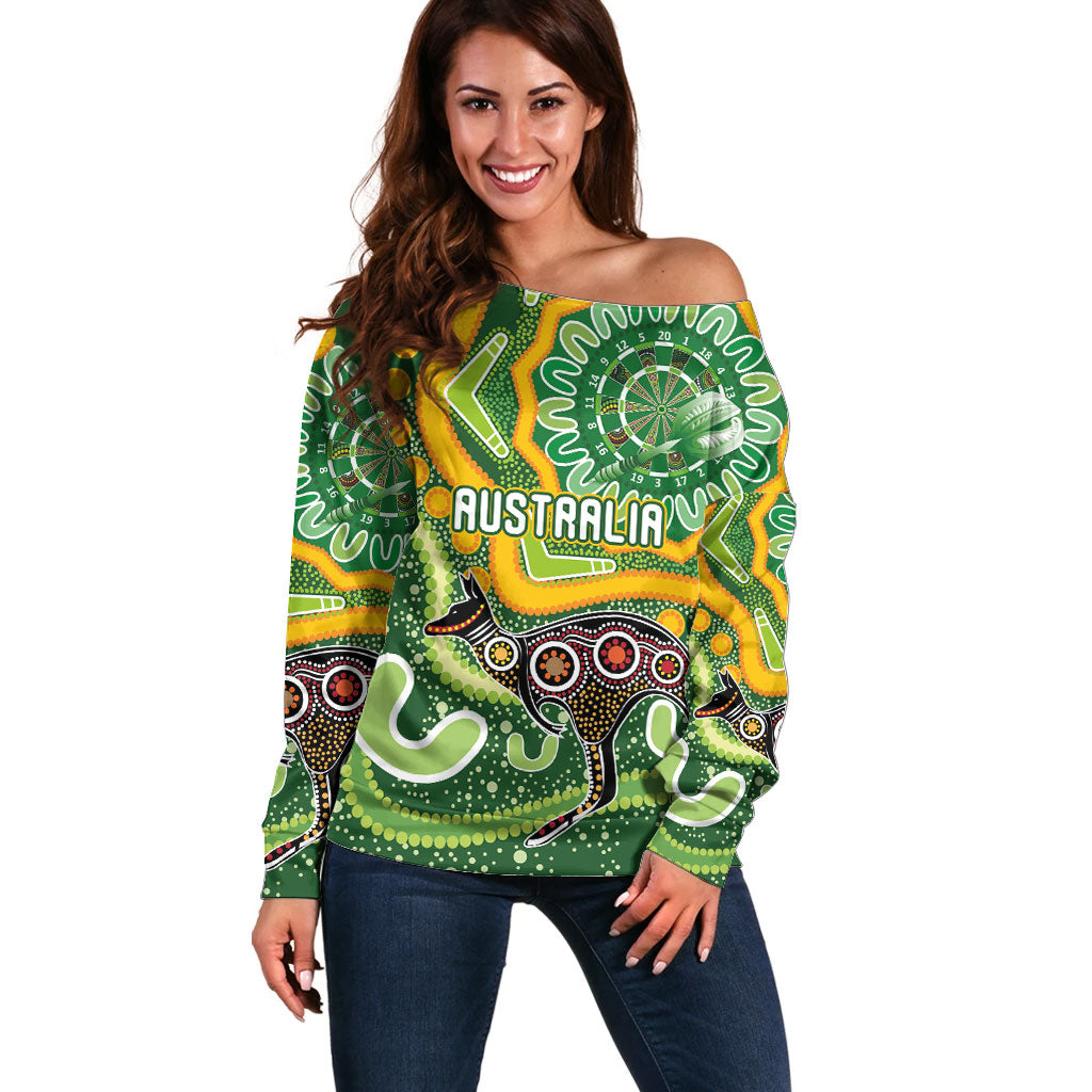 Australia Darts Personalised Off Shoulder Sweater Aboriginal Dot Art Boomerang Indigenous Style Graphic