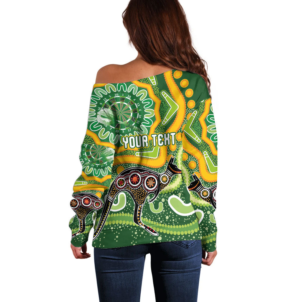 Australia Darts Personalised Off Shoulder Sweater Aboriginal Dot Art Boomerang Indigenous Style Graphic