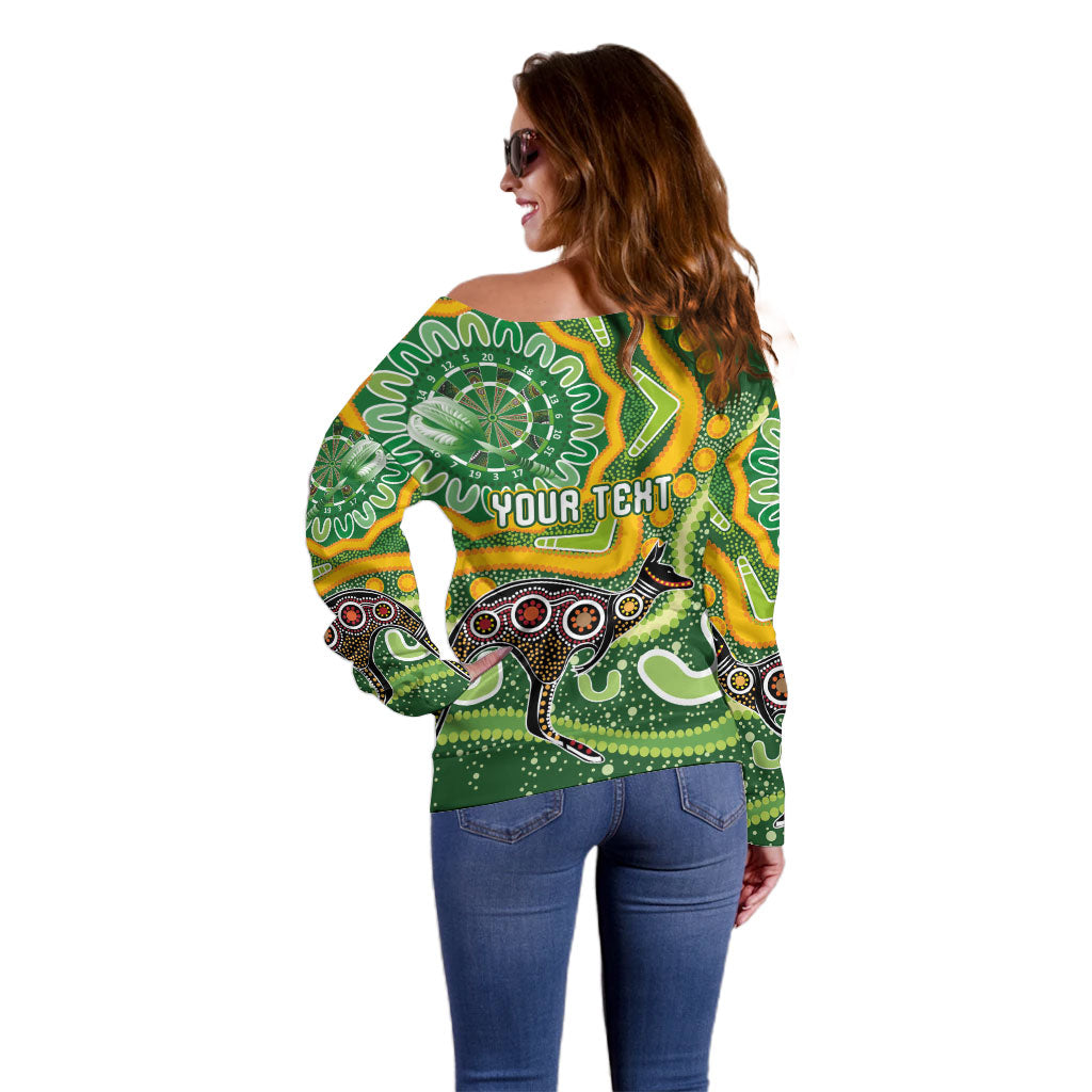 Australia Darts Personalised Off Shoulder Sweater Aboriginal Dot Art Boomerang Indigenous Style Graphic
