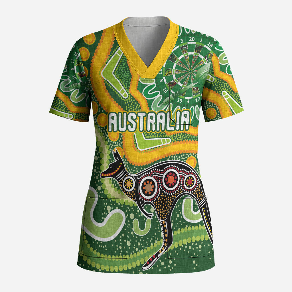 Australia Darts Personalised Scrub Top Aboriginal Dot Art Boomerang Indigenous Style Graphic
