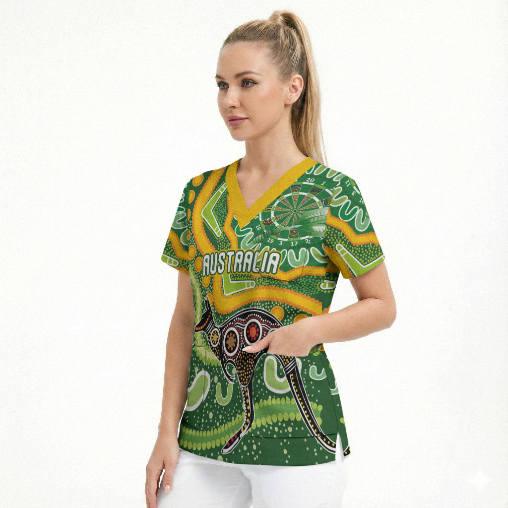 Australia Darts Personalised Scrub Top Aboriginal Dot Art Boomerang Indigenous Style Graphic