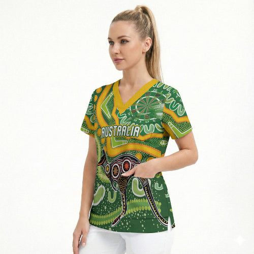 Australia Darts Personalised Scrub Top Aboriginal Dot Art Boomerang Indigenous Style Graphic