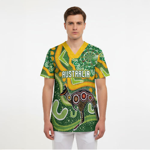 Australia Darts Personalised Scrub Top Aboriginal Dot Art Boomerang Indigenous Style Graphic