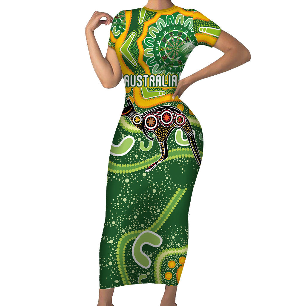 Australia Darts Personalised Short Sleeve Bodycon Dress Aboriginal Dot Art Boomerang Indigenous Style Graphic