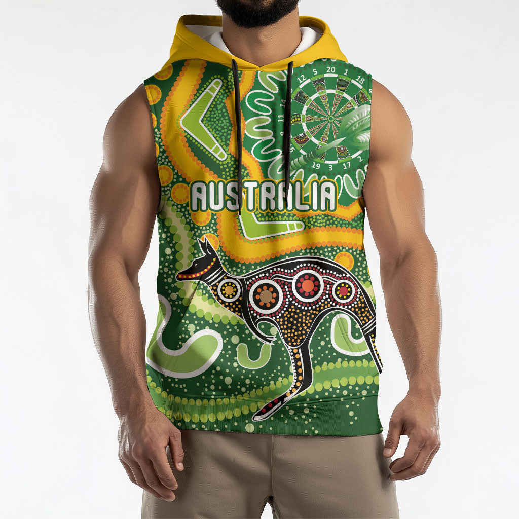 Australia Darts Personalised Sleeveless Hoodie Aboriginal Dot Art Boomerang Indigenous Style Graphic