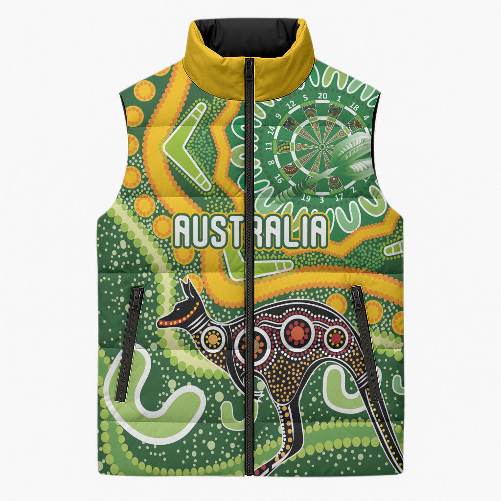 Australia Darts Personalised Sleeveless Puffer Jacket Aboriginal Dot Art Boomerang Indigenous Style Graphic
