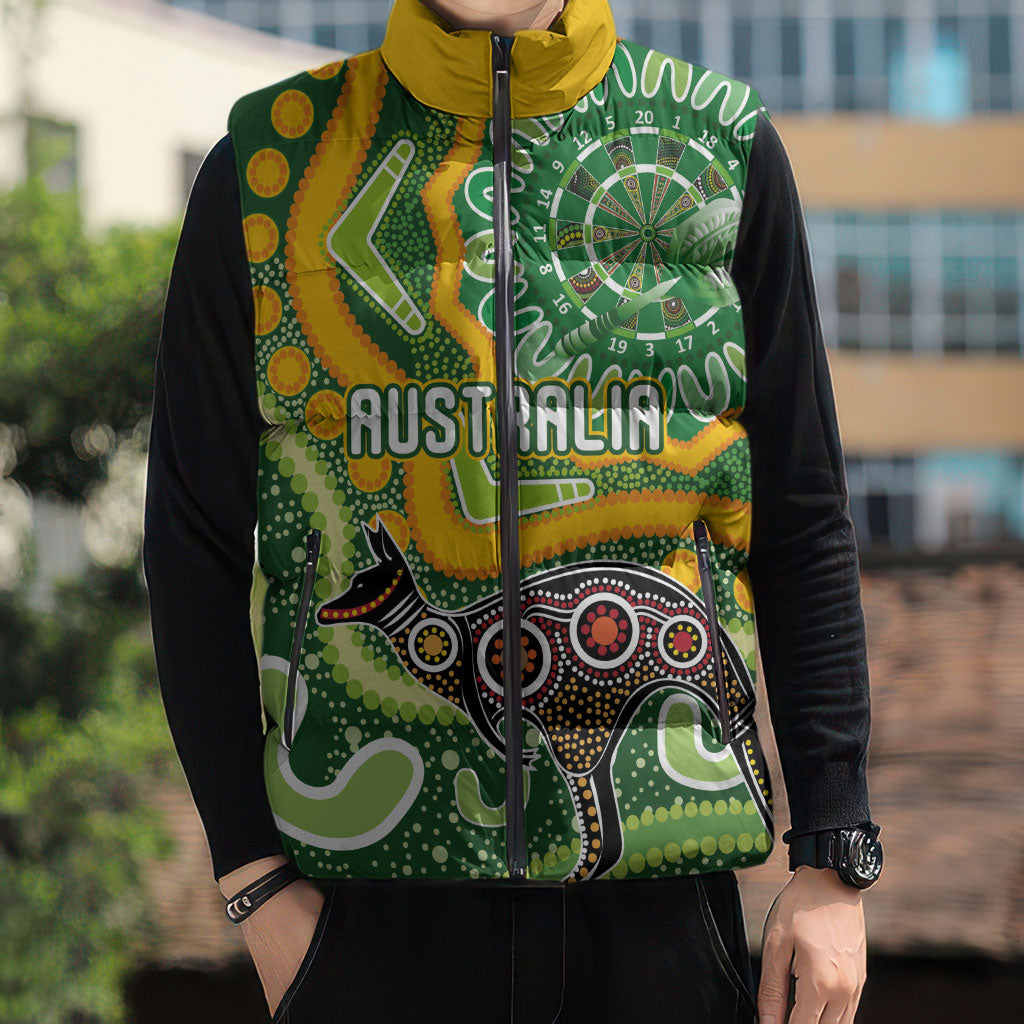 Australia Darts Personalised Sleeveless Puffer Jacket Aboriginal Dot Art Boomerang Indigenous Style Graphic