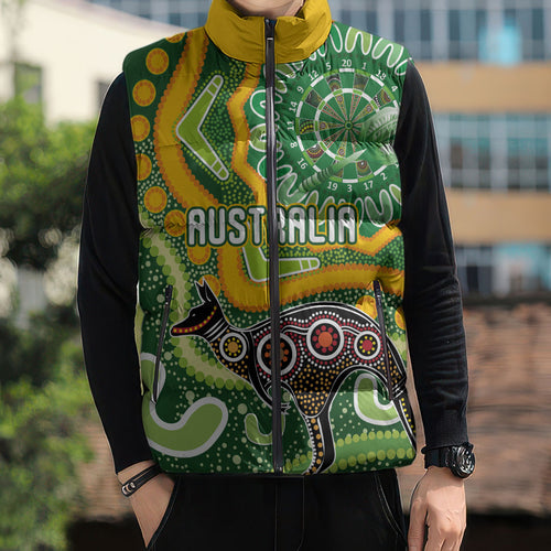 Australia Darts Personalised Sleeveless Puffer Jacket Aboriginal Dot Art Boomerang Indigenous Style Graphic