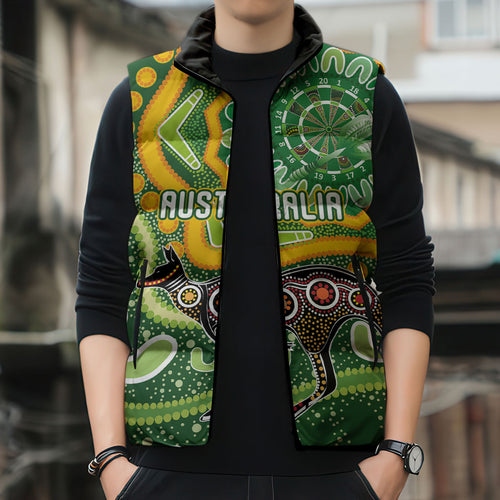 Australia Darts Personalised Sleeveless Puffer Jacket Aboriginal Dot Art Boomerang Indigenous Style Graphic