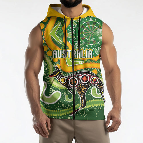 Australia Darts Personalised Sleeveless Zip Hoodie Aboriginal Dot Art Boomerang Indigenous Style Graphic