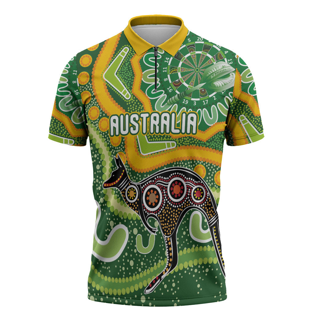 Australia Darts Personalised Zipper Polo Shirt Aboriginal Dot Art Boomerang Indigenous Style Graphic