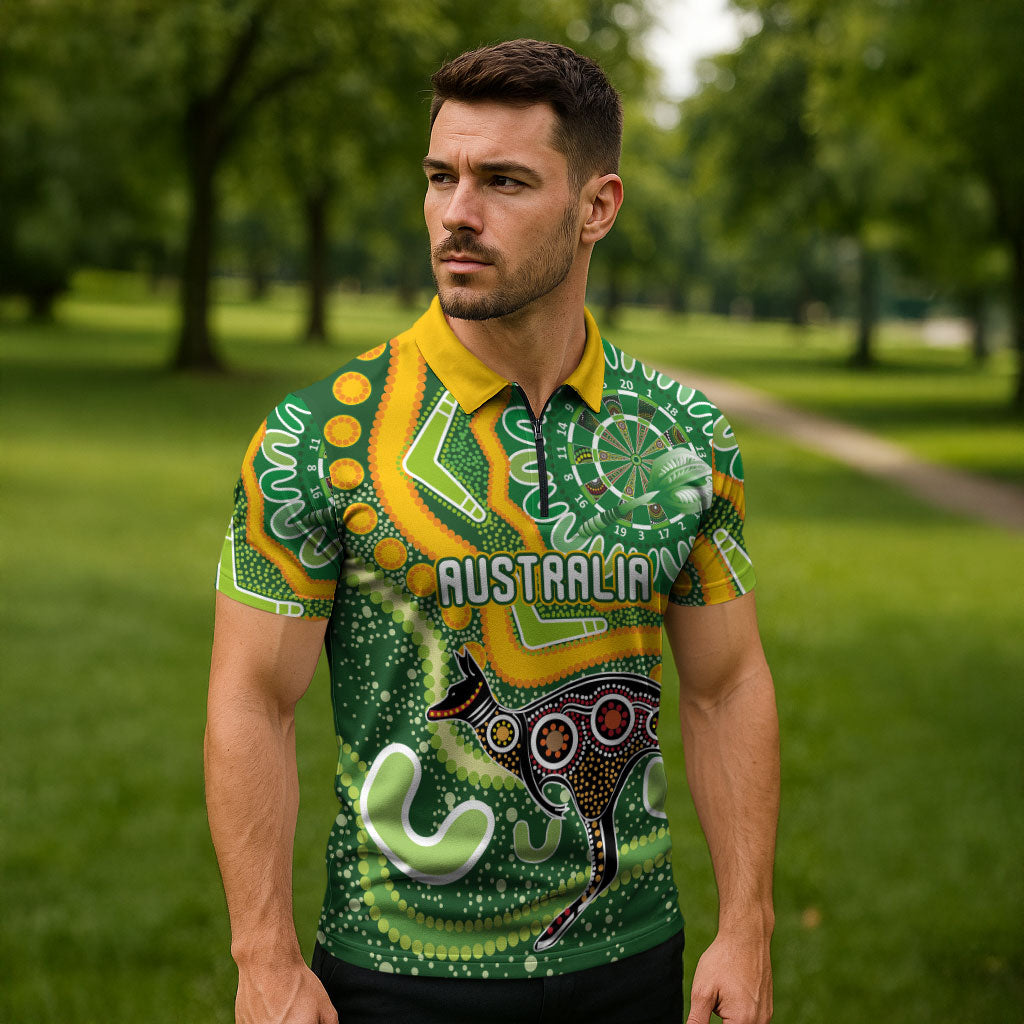Australia Darts Personalised Zipper Polo Shirt Aboriginal Dot Art Boomerang Indigenous Style Graphic
