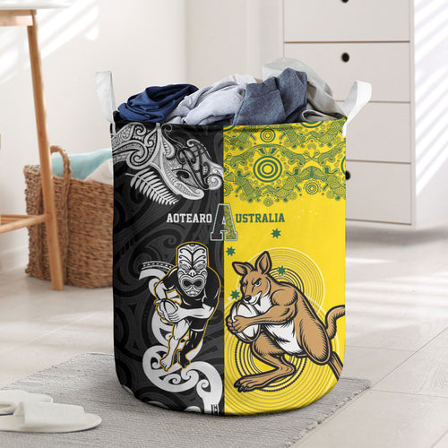 Aotearoa New Zealand and Australia Rugby Laundry Basket Maori Koru and Aboriginal Dot Art Cultural Heritage