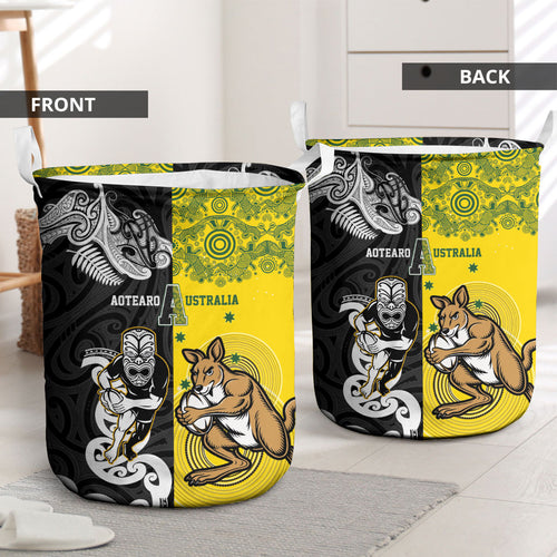 Aotearoa New Zealand and Australia Rugby Laundry Basket Maori Koru and Aboriginal Dot Art Cultural Heritage