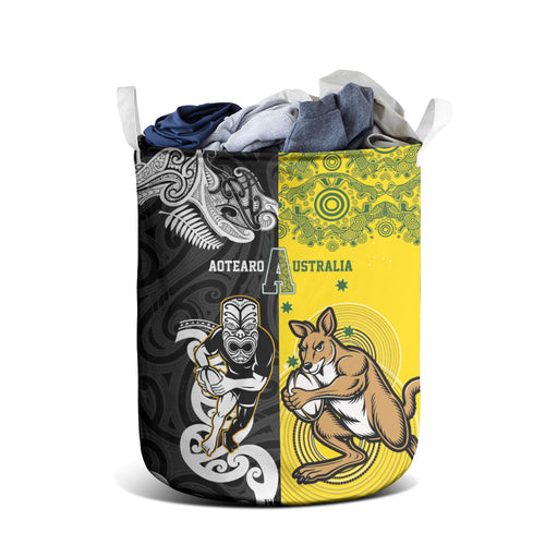 Aotearoa New Zealand and Australia Rugby Laundry Basket Maori Koru and Aboriginal Dot Art Cultural Heritage