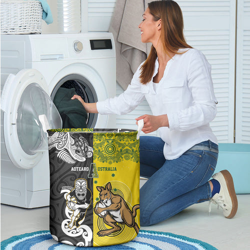 Aotearoa New Zealand and Australia Rugby Laundry Basket Maori Koru and Aboriginal Dot Art Cultural Heritage