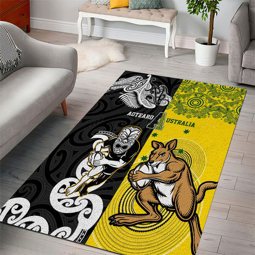Aotearoa New Zealand and Australia Rugby Area Rug Maori Koru and Aboriginal Dot Art Cultural Heritage