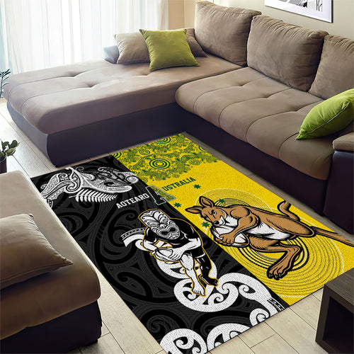 Aotearoa New Zealand and Australia Rugby Area Rug Maori Koru and Aboriginal Dot Art Cultural Heritage