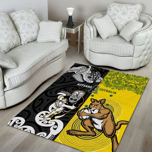 Aotearoa New Zealand and Australia Rugby Area Rug Maori Koru and Aboriginal Dot Art Cultural Heritage