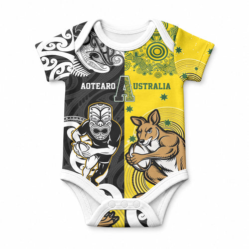 Aotearoa New Zealand and Australia Rugby Personalized Baby Onesie Maori Koru and Aboriginal Dot Art Cultural Heritage