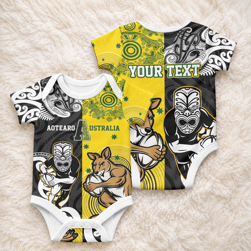 Aotearoa New Zealand and Australia Rugby Personalized Baby Onesie Maori Koru and Aboriginal Dot Art Cultural Heritage