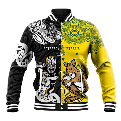 Aotearoa New Zealand and Australia Rugby Personalized Baseball Jacket Maori Koru and Aboriginal Dot Art Cultural Heritage