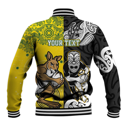 Aotearoa New Zealand and Australia Rugby Personalized Baseball Jacket Maori Koru and Aboriginal Dot Art Cultural Heritage