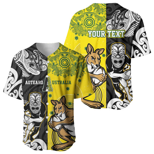 Aotearoa New Zealand and Australia Rugby Personalized Baseball Jersey Maori Koru and Aboriginal Dot Art Cultural Heritage