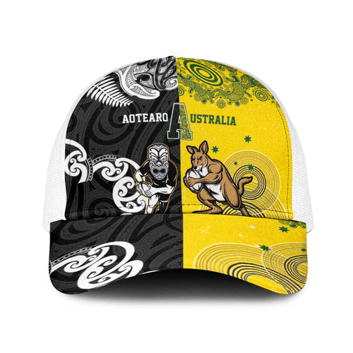 Aotearoa New Zealand and Australia Rugby Baseball Net Cap Maori Koru and Aboriginal Dot Art Cultural Heritage