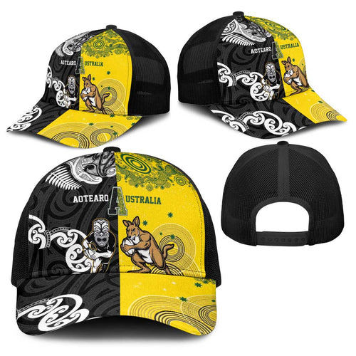 Aotearoa New Zealand and Australia Rugby Baseball Net Cap Maori Koru and Aboriginal Dot Art Cultural Heritage