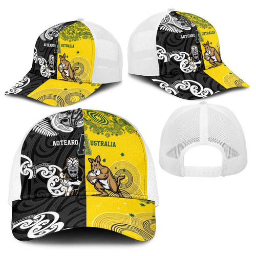Aotearoa New Zealand and Australia Rugby Baseball Net Cap Maori Koru and Aboriginal Dot Art Cultural Heritage