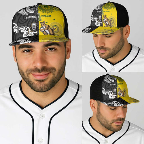 Aotearoa New Zealand and Australia Rugby Baseball Net Cap Maori Koru and Aboriginal Dot Art Cultural Heritage
