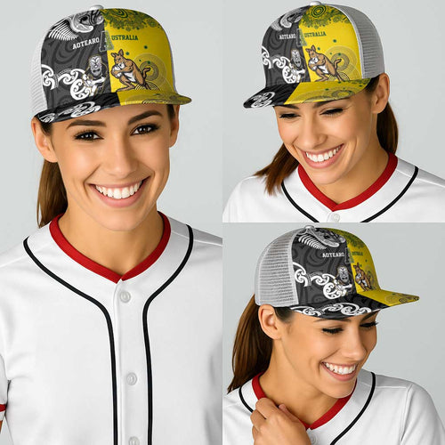 Aotearoa New Zealand and Australia Rugby Baseball Net Cap Maori Koru and Aboriginal Dot Art Cultural Heritage