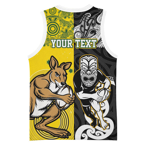 Aotearoa New Zealand and Australia Rugby Personalized Basketball Jersey Maori Koru and Aboriginal Dot Art Cultural Heritage