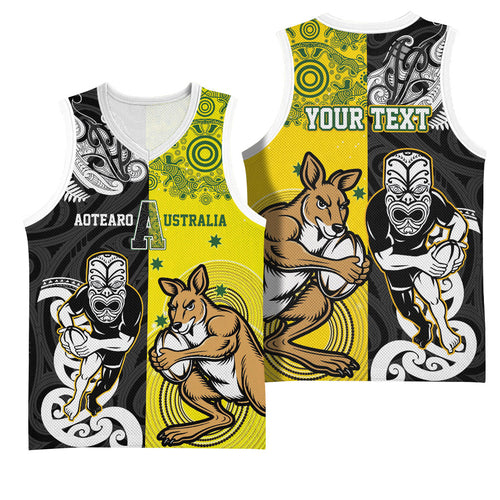 Aotearoa New Zealand and Australia Rugby Personalized Basketball Jersey Maori Koru and Aboriginal Dot Art Cultural Heritage