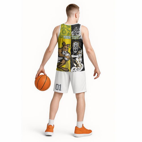 Aotearoa New Zealand and Australia Rugby Personalized Basketball Jersey Maori Koru and Aboriginal Dot Art Cultural Heritage