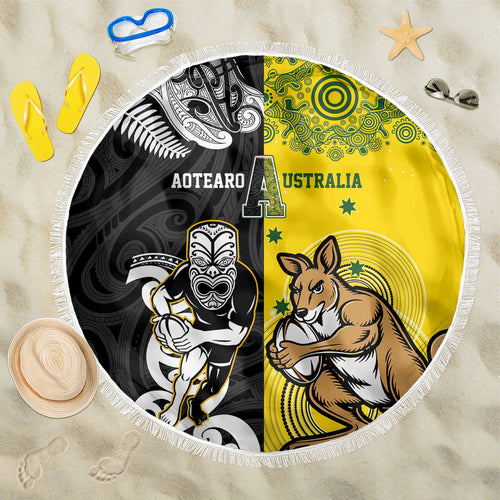 Aotearoa New Zealand and Australia Rugby Beach Blanket Maori Koru and Aboriginal Dot Art Cultural Heritage