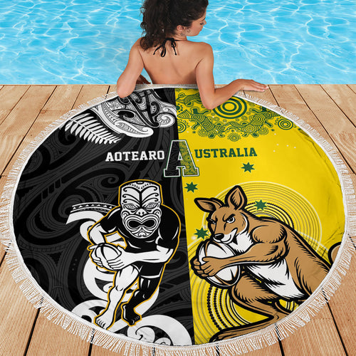 Aotearoa New Zealand and Australia Rugby Beach Blanket Maori Koru and Aboriginal Dot Art Cultural Heritage