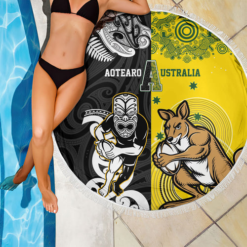 Aotearoa New Zealand and Australia Rugby Beach Blanket Maori Koru and Aboriginal Dot Art Cultural Heritage