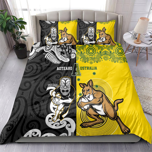 Aotearoa New Zealand and Australia Rugby Bedding Set Maori Koru and Aboriginal Dot Art Cultural Heritage