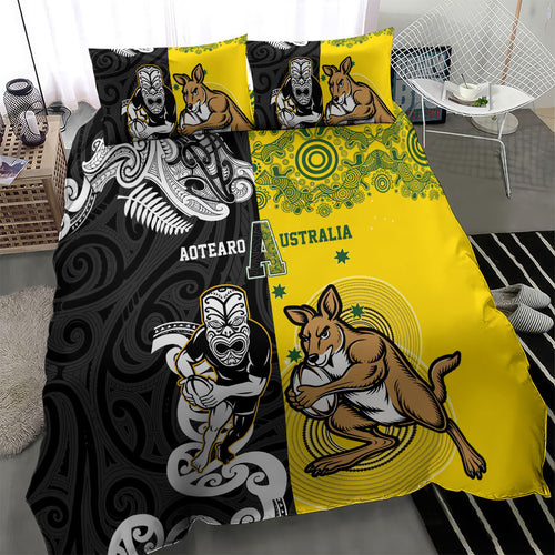 Aotearoa New Zealand and Australia Rugby Bedding Set Maori Koru and Aboriginal Dot Art Cultural Heritage