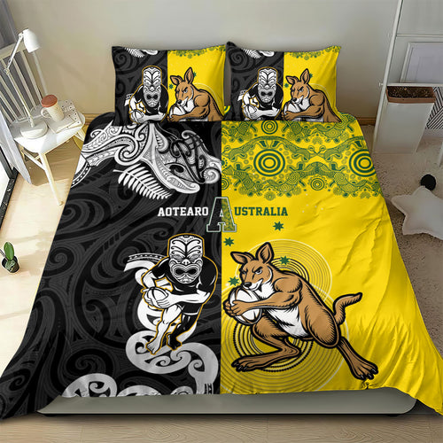 Aotearoa New Zealand and Australia Rugby Bedding Set Maori Koru and Aboriginal Dot Art Cultural Heritage