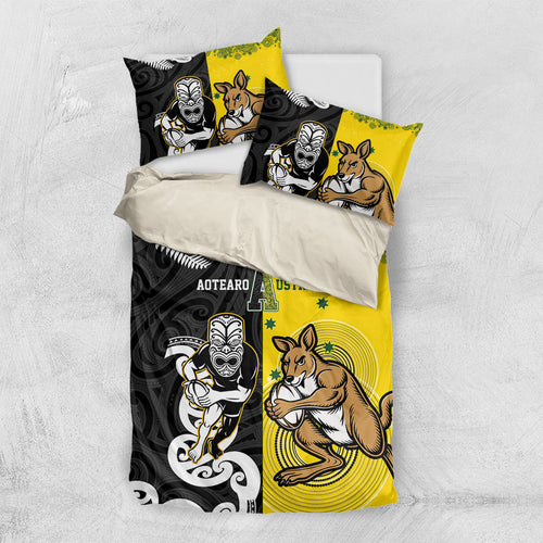 Aotearoa New Zealand and Australia Rugby Bedding Set Maori Koru and Aboriginal Dot Art Cultural Heritage