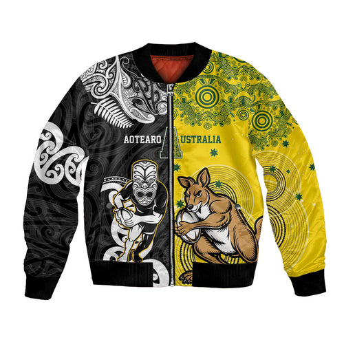 Aotearoa New Zealand and Australia Rugby Personalized Bomber Jacket Maori Koru and Aboriginal Dot Art Cultural Heritage