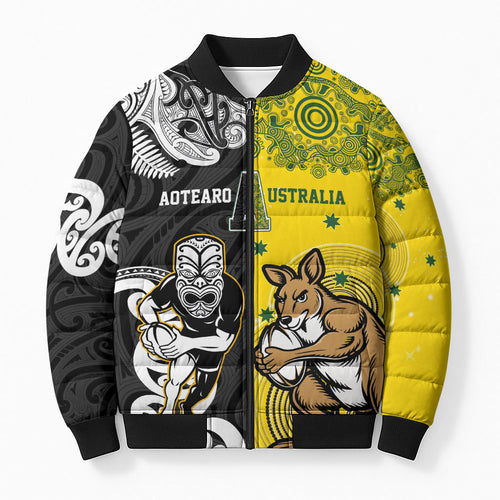 Aotearoa New Zealand and Australia Rugby Personalized Bomber Puffer Jacket Maori Koru and Aboriginal Dot Art Cultural Heritage