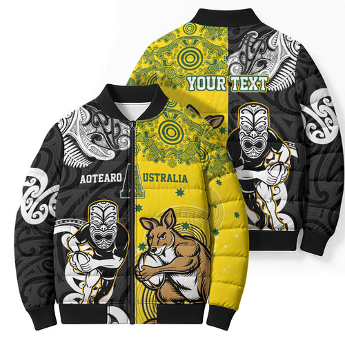 Aotearoa New Zealand and Australia Rugby Personalized Bomber Puffer Jacket Maori Koru and Aboriginal Dot Art Cultural Heritage