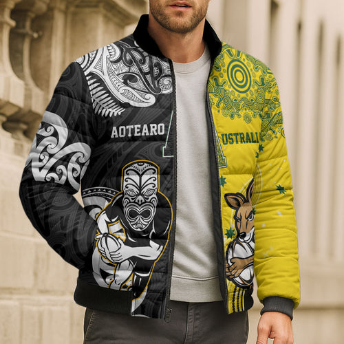 Aotearoa New Zealand and Australia Rugby Personalized Bomber Puffer Jacket Maori Koru and Aboriginal Dot Art Cultural Heritage