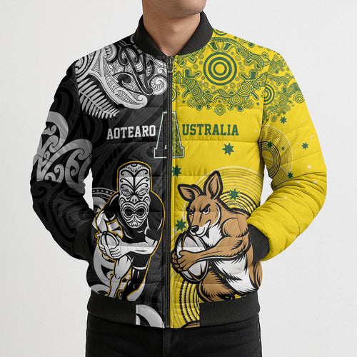 Aotearoa New Zealand and Australia Rugby Personalized Bomber Puffer Jacket Maori Koru and Aboriginal Dot Art Cultural Heritage